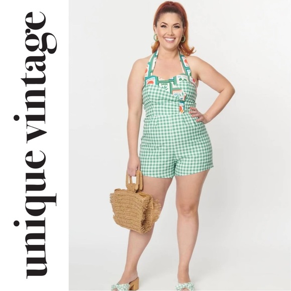 Unique Vintage Pants - Unique Vintage Green & White Vegetable Gingham Romper, 1x, NWT!